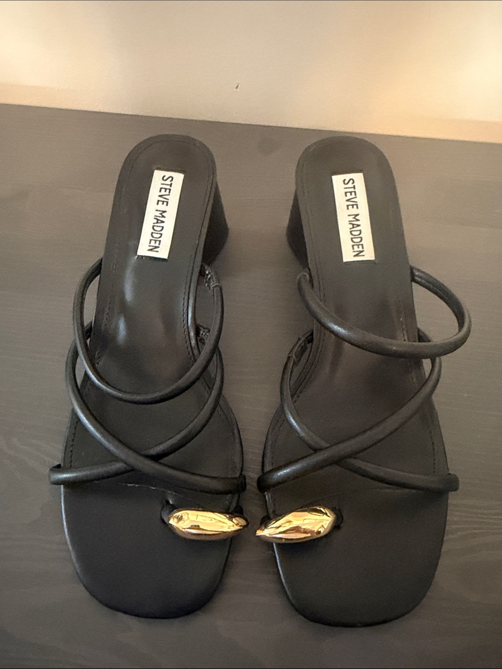 Steve Madden Black Strappy Heeled Sandals with Gold Accent
